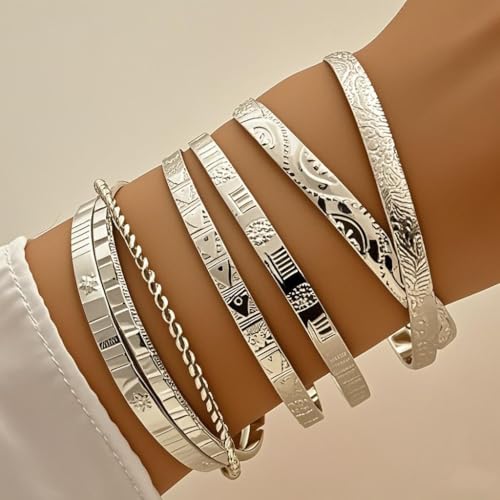 7 Pcs Gold Bangle Bracelets Multi Layer Stackable Cuff Bracelet Set Trendy Elegance Charms Non Tarnish Minimalist Textured Boho Jewelry for Women - color: Silver
