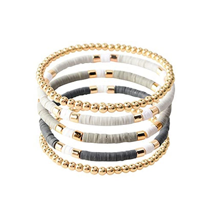 GOOJIDS Surfer Heishi Clay Bead Bracelets for Women Bohemian Stackable Gold Plated Beaded Stretch Bracelets Elastic Layering Friendship Bracelets Set Boho Jewelry - color: B-Grey Surfer Color &Gold Bead