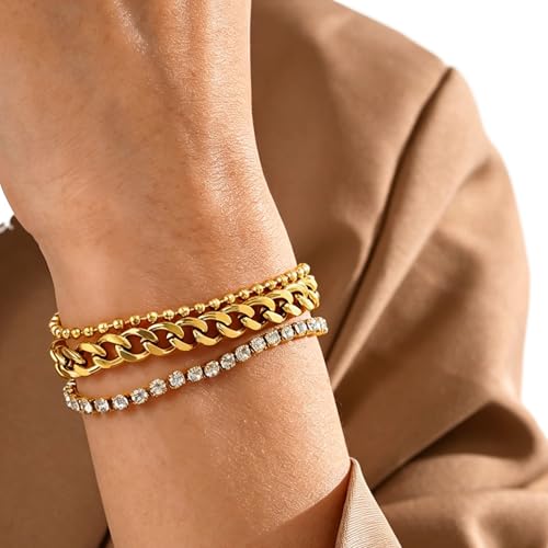 CTRLZTEAM 14K 18K Gold Plated Layered Bracelets for Women Stacked Bracelet | 14K 18K gold plated multi layer bracelets combine distinct chains with single clasp for instant pre-stacked style - style: Integrated Bold Triple-Layer