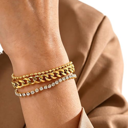 CTRLZTEAM 14K 18K Gold Plated Layered Bracelets for Women Stacked Bracelet | 14K 18K gold plated multi layer bracelets combine distinct chains with single clasp for instant pre-stacked style - style: Integrated Bold Triple-Layer