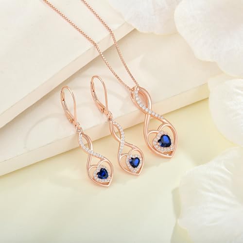 Infinity Heart Rose Gold Jewelry Set for Women 925 Sterling Silver Sapphire Necklace and Earrings Set September Birthstone Jewelry Gifts