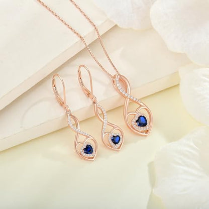 Infinity Heart Rose Gold Jewelry Set for Women 925 Sterling Silver Sapphire Necklace and Earrings Set September Birthstone Jewelry Gifts