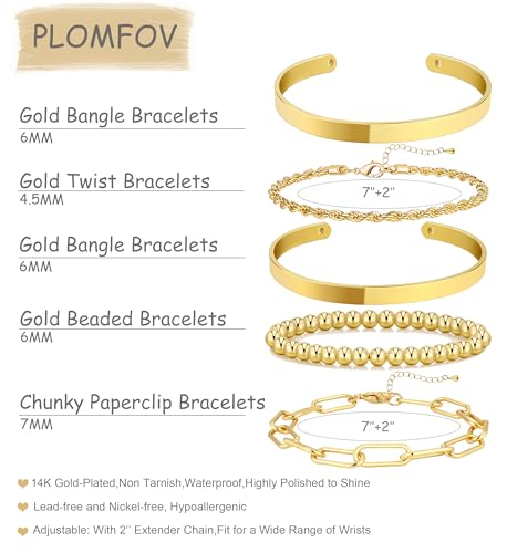 PLOMFOV Gold Bracelets for Women Stack Non Tarnish 14K Gold Plated Chunky Gold Bangles Bracelet Set Beaded Paperclip Chain Cuban Link Dainty Trendy Waterproof Stackable Cuff Bracelets Jewelry Gifts for Women - color: 5Pcs Gold-Band Set