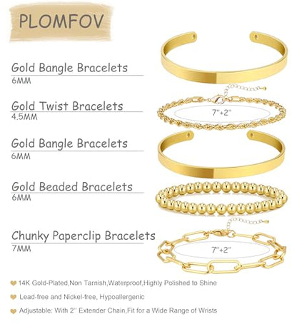PLOMFOV Gold Bracelets for Women Stack Non Tarnish 14K Gold Plated Chunky Gold Bangles Bracelet Set Beaded Paperclip Chain Cuban Link Dainty Trendy Waterproof Stackable Cuff Bracelets Jewelry Gifts for Women - color: 5Pcs Gold-Band Set