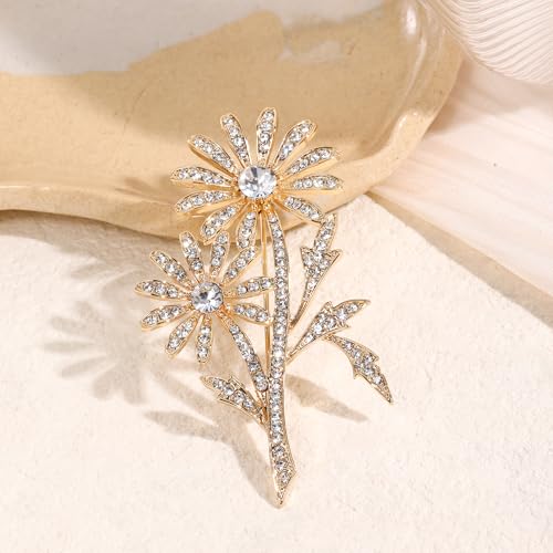 Crystal Brooch Vintage Floral Gold Pin Micro Pave Daisy/Tulip Rhinestone Embellishment for Women Holiday styles.