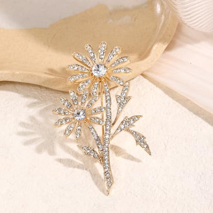 Crystal Brooch Vintage Floral Gold Pin Micro Pave Daisy/Tulip Rhinestone Embellishment for Women Holiday styles.