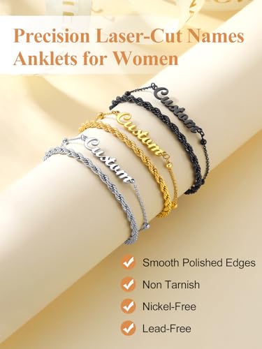 Custom4U Custom Name Anklet Bracelets for Women Waterproof Beaded/Figaro/Cuban/Rope/Wheat Chain Anklet Stackable Gold Plated Non Tarnish Custom Beach Gift Barefoot Summer Jewelry for Her - color: E03-Black Rope Chain