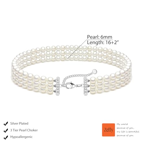 Zeffy Pearl Necklace 4MM/6MM/8MM Dainty Round Imitation Pearl Choker Necklace Wedding Pearl Necklace Delicate Jewelry for Women Simple Bridesmaid Jewelry Gifts - style: 6mm Three-layer Pearl Choke(16"+2)