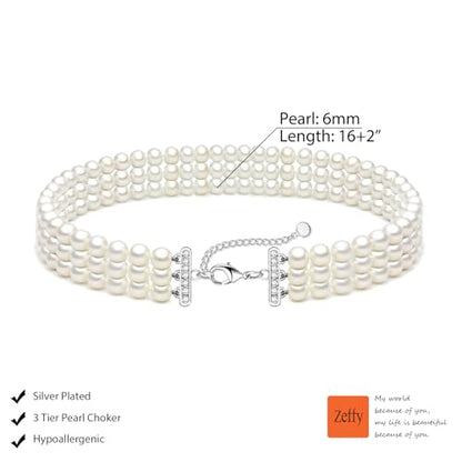 Zeffy Pearl Necklace 4MM/6MM/8MM Dainty Round Imitation Pearl Choker Necklace Wedding Pearl Necklace Delicate Jewelry for Women Simple Bridesmaid Jewelry Gifts - style: 6mm Three-layer Pearl Choke(16"+2)