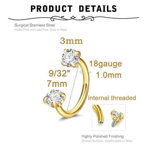 6mm 7mm 8mm 20g Horseshoe Nose Ring Hoop 18 gauge Double Gem Horse Shoe Nose Rings for Women Surgical Steel Half Hoop U Shape Small Silver Gold Tragus Earring Helix Piercing Jewelry Septum Ring - color: B2- 18g 7mm -2pcs gold