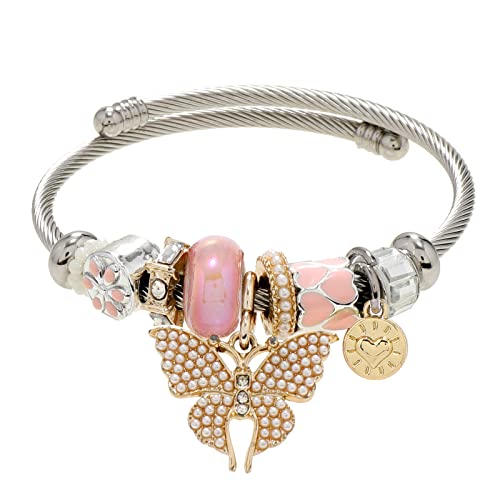 DS Charm Bracelets for girls,exquisite cute cartoon friendship bracelets Silver Stainless Steel Bangle with birthday Gift box, Adjustable girls jewelry Suitable for holiday gifts - style: Silver-pink butterfly2