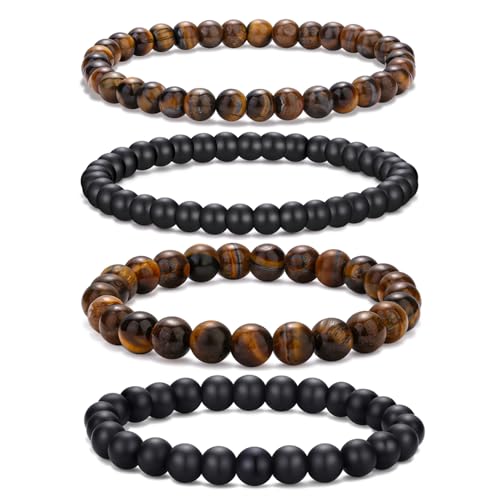 Mens Bead Bracelet Set - Adjustable Elastic Rope With 6&8MM Natural Stone Multi-Colored Beads - Tiger Eye Bracelets for Men - Gift - style: 4,tiger eye,black bracelet