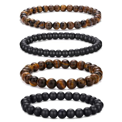 Mens Bead Bracelet Set - Adjustable Elastic Rope With 6&8MM Natural Stone Multi-Colored Beads - Tiger Eye Bracelets for Men - Gift - style: 4,tiger eye,black bracelet