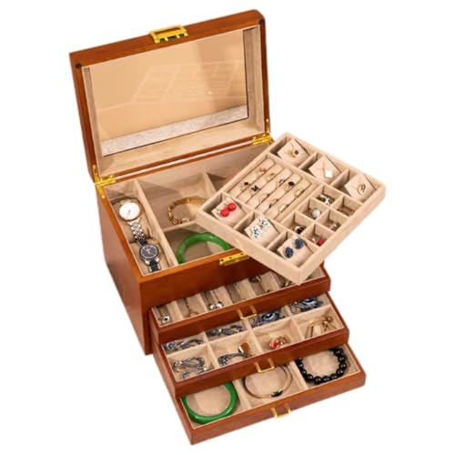 Bescott 5 Layer Solid Wooden Jewelry Box with Lock and Key for Women Men Vintage Velvet Wood Jewelry Organizer Storage for Earrings Rings Necklaces Bracelet Watch Mother’s Day Gift - color: Light brown velvet, size: 5 Layer(11"X7.9"X7.9")