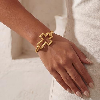 Moodear Chunky Gold Bangle Bracelets for Women, 14K Gold Plated/Silver Cuff | Chunky Statement Jewelry with Hammered Texture, Non Tarnish Gold Plated Finish, Unique Cuff Design, Lightweight Comfort - style: Cross Bangle Gold 18.5cm （≈7IN）