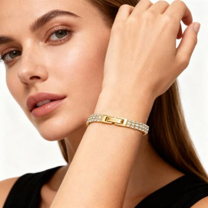Gold Tennis Bracelets for Women 3-Row Rhinestone Stackable Bangle Bling Zirconia Crystal Silver Chain Dainty Cuff Flexible Fashion Jewelry for Wife Anniversary Mom Her Birthday Gifts - color: Gold