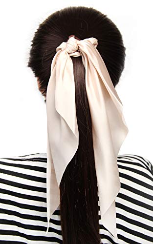 Hair Scarf Scrunchies for Women, LFOUVRE Scarf Scrunchies, 2pcs Knotted Scarf Hair Ties for Girls,Silky Satin Hair Scarf Headband, Elastic Hair Bands Ribbon Scrunchy, Ponytail Holder Hair Accessories - color: Beige