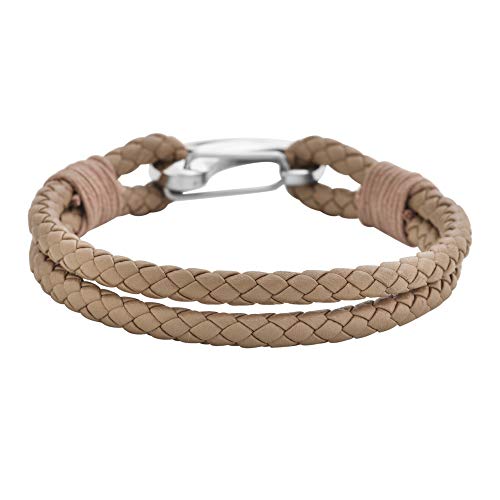 Edforce Braided Genuine Leather 2-Strand Cuff Bracelet with Stainless Steel Clasp - color: Tan