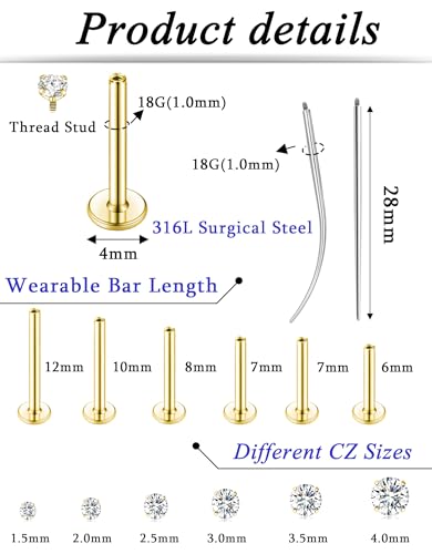 6Pairs 18K Gold Plated Internally Threaded Nose Piercing Studs Stainless Steel Lip Studs CZ Flat Back Stud Earrings Nostril Labret Conch Cartilage Earrings Helix Tragus 6/7/7/8/10/12mm 16G 18G - color: Gold, size: 18G