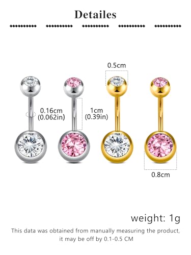 Longita Belly Button Rings Short Bar for Women Stainless Steel Belly Ring Navel Piercing Jewelry 14g Colorful Ball Pack 6mm 1/4” 8mm 5/16“ 10mm - color: 22-silver gold pink-10mm