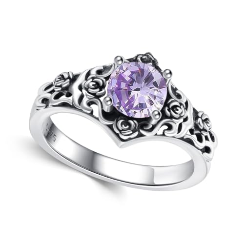 Vintage Rose Filigree 1 Carat Round Cut Genuine or Lab Grown Gemstone Statement Ring 925 Sterling Silver Birthstone Oxidized Anniversary Promise Ring for Women Gifts Size 5-18 - color: Light Purple