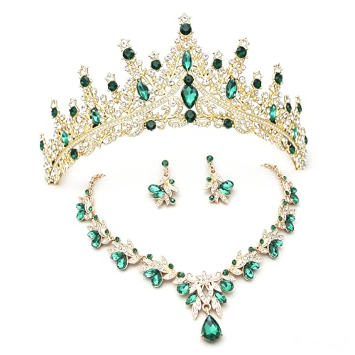 Women Tiaras and Crowns Bridal Jewelry Set with Rhinestones, Gold Plated Floral Necklace Tiara and Earrings, Wedding Birthday Party Accessories - color: Gold Green