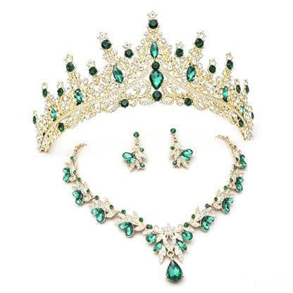 Women Tiaras and Crowns Bridal Jewelry Set with Rhinestones, Gold Plated Floral Necklace Tiara and Earrings, Wedding Birthday Party Accessories - color: Gold Green