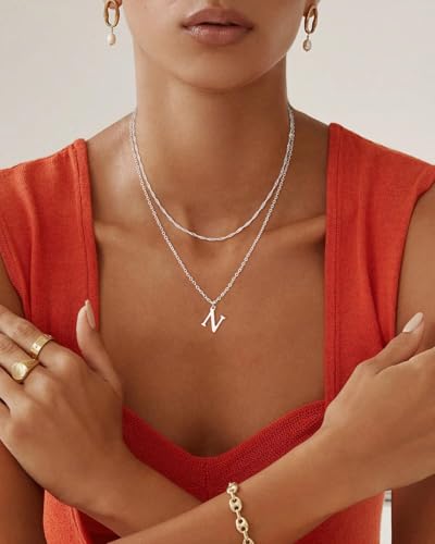 14K Gold Plated Initial Necklaces for Women Dainty Layered Letter Pendant Necklace Cute Choker Necklace Gift Trendy Stuff Personalized Jewelry Stack for Women Her - color: Silver, style: N