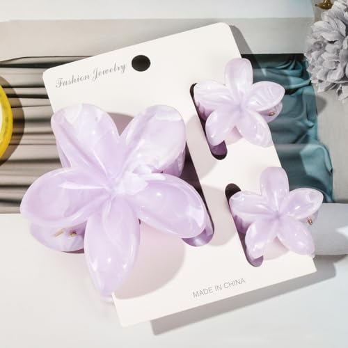 Flower Hair Clips for Women Girls Claw Clips Light Purple Plumeria with Marble Design Barrettes Summer Hair Clip Fashion Hair Styling Accessories for Thick Thin Hair(3Pcs: 1 Large 2 Small) - color: Light Purple