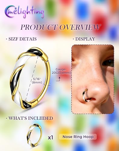 Melighting 20G Twist Nose Ring Hoop Stainless Steel 316L Piercing Jewelry | 7/8 mm Nose Piercing Jewelry, Cute Hinged Segment Clicker Lobe Helix Daith Cartilage Earring for Women - color: Gold WB, size: 20g8mm