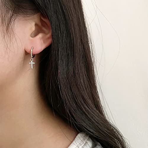 DAILY VIBES Cute Gold Mini Dangle Huggie Hoop Earrings for Women Trendy | 14K Gold Plated, Dainty Cubic Zirconia, Small Hoop Earrings with Charm Drop, Jewelry Gift for Women Ladies - color: Cross CZ