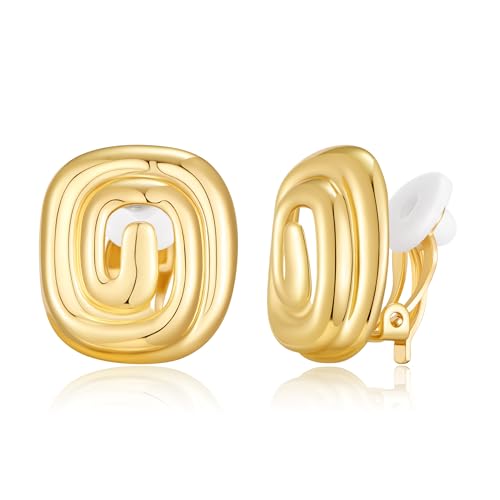 YUJIE Gold Spiral Square Clip On Earrings 18K Gold Plated Non Pierced Geometric Statement Earrings for Women Trendy Minimalist Jewelry