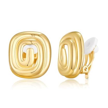 YUJIE Gold Spiral Square Clip On Earrings 18K Gold Plated Non Pierced Geometric Statement Earrings for Women Trendy Minimalist Jewelry
