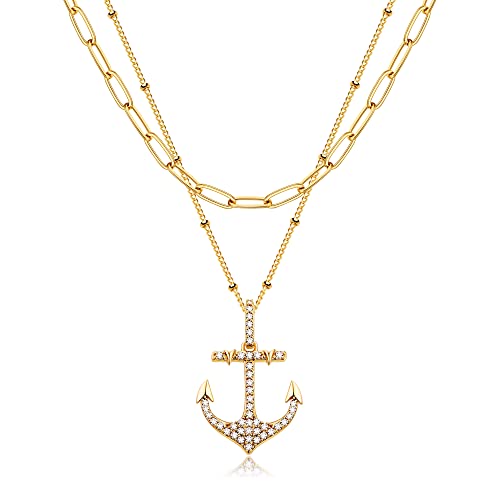 MEVECCO Dainty Pendant Layered Necklaces for Women | 18K Gold Plated Brass, 2-Piece Set With A Choker-Length Upper Layer, Wear Together Or Separately, Refined Everyday Style - style: Layer Anchor