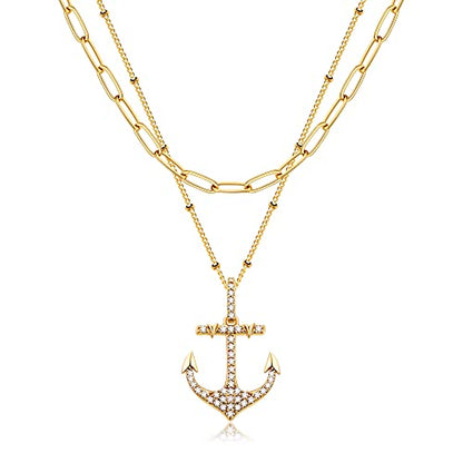 MEVECCO Dainty Pendant Layered Necklaces for Women | 18K Gold Plated Brass, 2-Piece Set With A Choker-Length Upper Layer, Wear Together Or Separately, Refined Everyday Style - style: Layer Anchor