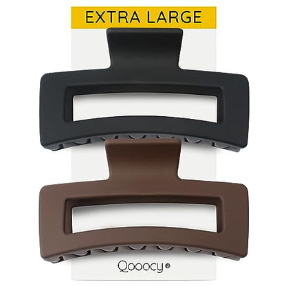 XXL Jumbo Rectangle Claw Clips for Thick Hair - Strong Hold Hair Clips | Rectangle Design | Matte Finish | Non Slip | Wide Opening | 2 Pack (Black & Brown) - color: Black & Brown