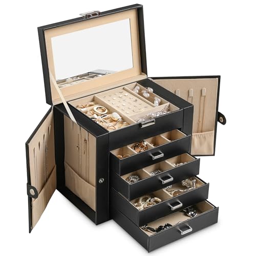 Frebeauty 5-Layer Jewelry Box for Women,Jewelry Organizer with 4 Drawers | Faux Leather,Built-in Mirror,Spacious Jewelry Storage,16 Necklace Hooks,Organizing by Category for Rings Earrings Bracelet - color: Black, size: Medium