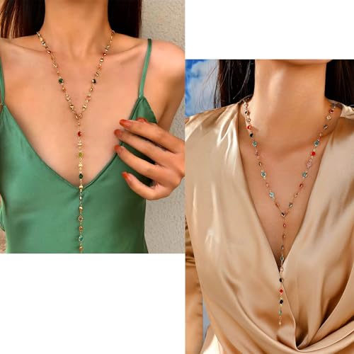 Colorful Rhinestone Y Chain Necklace Gold Long Crystal Y Lariat Necklace Rainbow Rhinestone Choker Necklaces Sparkly Long CZ Drop Chain Jewelry for Women - color: Gold