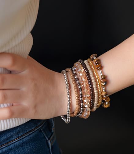 Noessla Boho Beaded Bracelets for Women Stackable Irregular Natural Stone Bead Stretch Bracelet Set 8PCS Costume Jewelry Gifts for Her - color: Brown