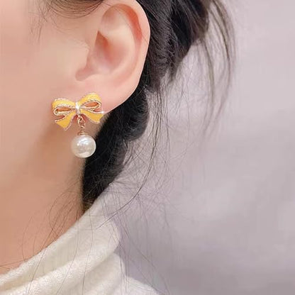 Pearl Bow Earrings for Women Coquette Aesthetic Jewelry Rhinestone Bow Earrings for Bridesmaids Wedding Party Accessories Bridal Costume Accents Bowknot Themed Gifts - color: B5: Yellow Bow Pearl Earrings