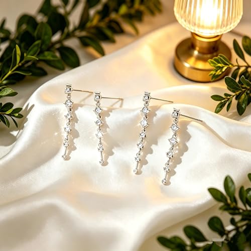 Rhinestone Earrings Dangling for Women Sparkly Silver Dangle Earrings Girls Long Chandelier Earrings Tassel Lightweight Ear Studs Cubic Zirconia (KE001S-W) - color: A-2 pair silver YE01S