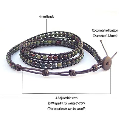 Genuine Stone Wrap Bracelets for Women Natural Crystal Beaded Wrap Bracelet 2/3/5 Adjustable Bohemian Bracelets Jewelry Gifts for Women Mom - color: dragon blood(3 wraps)
