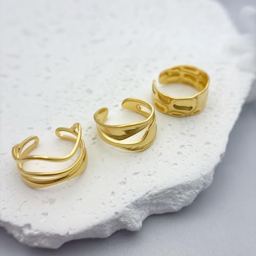12PCS Gold Chunky Rings for Women Non Tarnish 18K Gold Plated Thick Round Adjustable Stackable Rings Open Stacking Knuckle Statement Ring Set Gifts