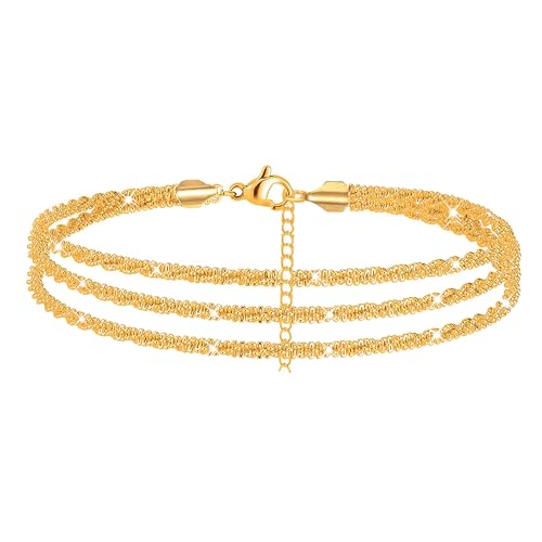 Nanafast Women's Ankle Bracelets, Sparkling Multi-layer Anklet Bracelets for Women, Adjustable Shiny Gold/Silver Anklets for Women, Beach Cute Anklets Jewelry for Summer - color: 3layersGold