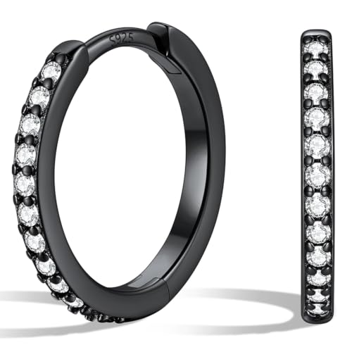Silvora 925 Sterling Silver Huggie Hoop Earrings for Women, Small Hoop Earrings for Women, Cubic Zirconia Cartilage Earrings for Sensitive Ears, 6/8/10/12/14/16/18/20mm - color: A.Black Plated, size: 12MM