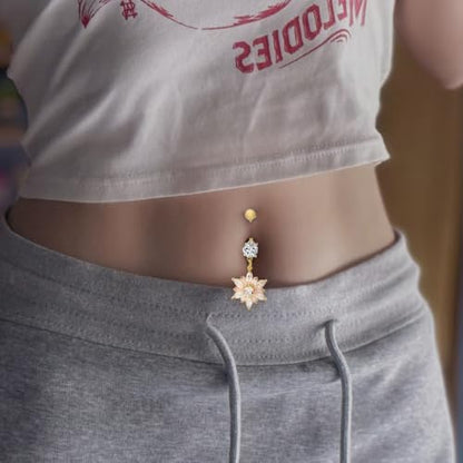 14G Dainty Rhinestone Flower Dangle Navel Ring for Women Fashion Statement Snowflake Crystal Drop Belly Button Rings Sparkly CZ Barbell Stud Sexy Body Piercing Jewelry - color: Gold