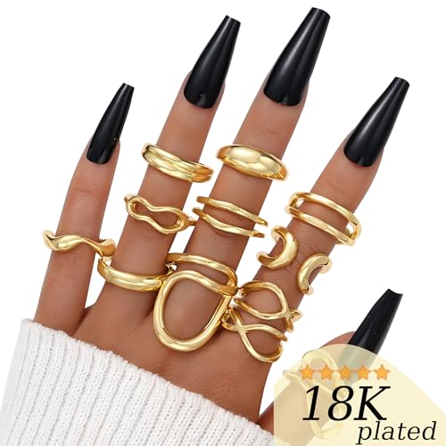 FAXHION 12PCS Gold Stackable Rings Set for Women, 18K Gold Plated Open Stacking Knuckle Ring, Adjustable Chunky Signet Band Statement Ring for Gift - color: 3-Gold Irregular