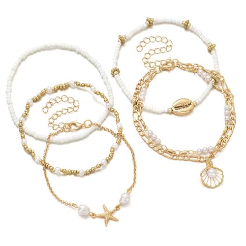 Boho Shell Ankle Bracelet Set for Women Adjustable Gold Plated Stackable Hawaiian Beach Vacation Pearl Seashell Starfish Foot Jewelry Gifts - color: Set B