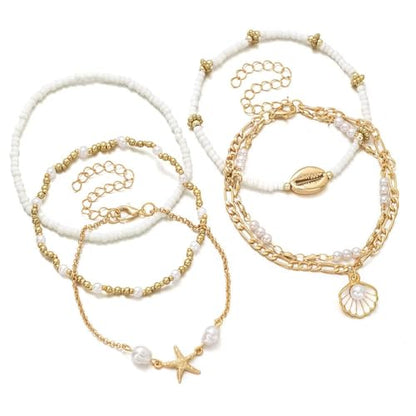 Boho Shell Ankle Bracelet Set for Women Adjustable Gold Plated Stackable Hawaiian Beach Vacation Pearl Seashell Starfish Foot Jewelry Gifts - color: Set B