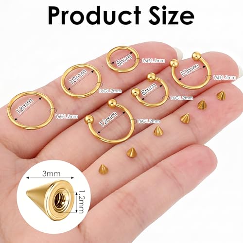 SynHHergyx 6 Pcs Nose Septum Rings 16G Horseshoe Lip Earring Ring Hoops Nose Piercing Jewelry 8mm 10mm 12mm Eyebrow Hoop Rings Piercing Jewelry - color: Gold